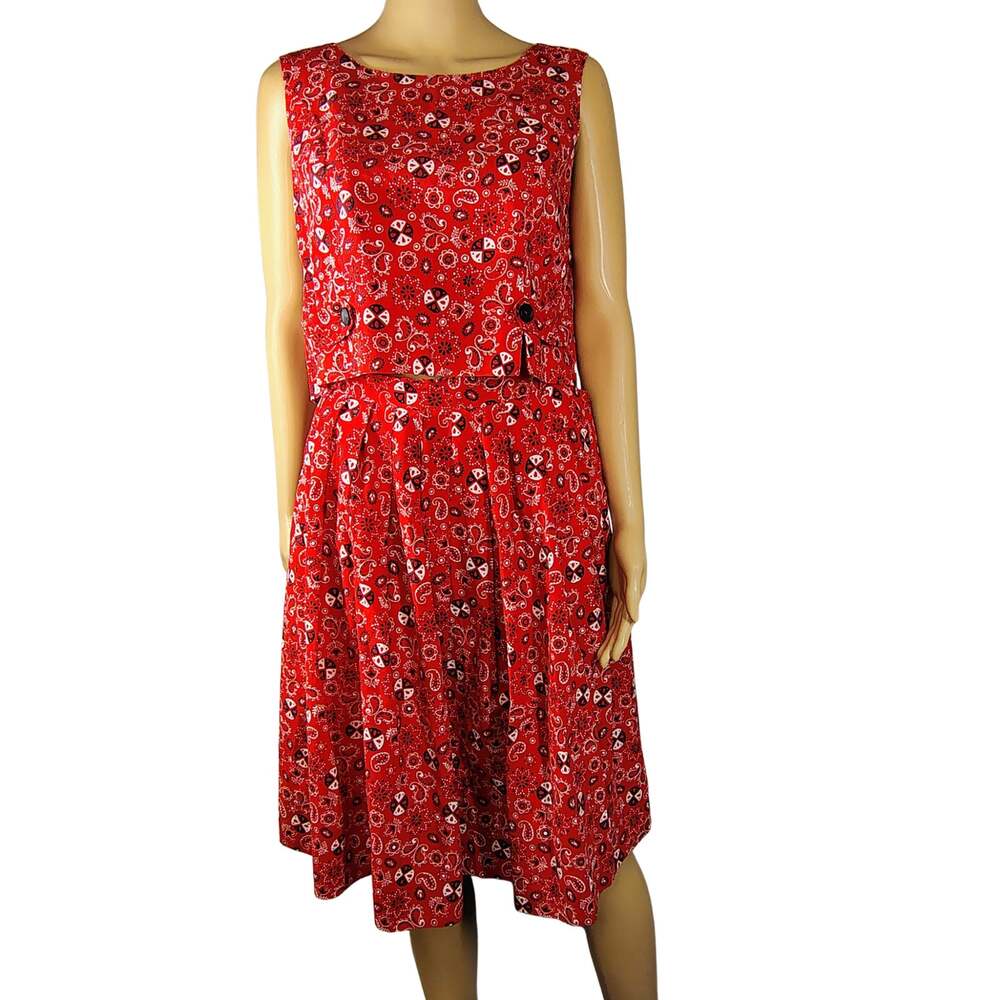 Vtg 70s Red Bandana Print Matching 2pc Set Crop Top Midi Skirt Rockabilly Boho